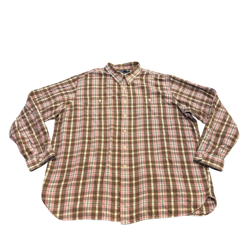 Polo Ralph Lauren Emmons Mens XXL Plaid Button Down Shirt Brown Pink Long Sleeve